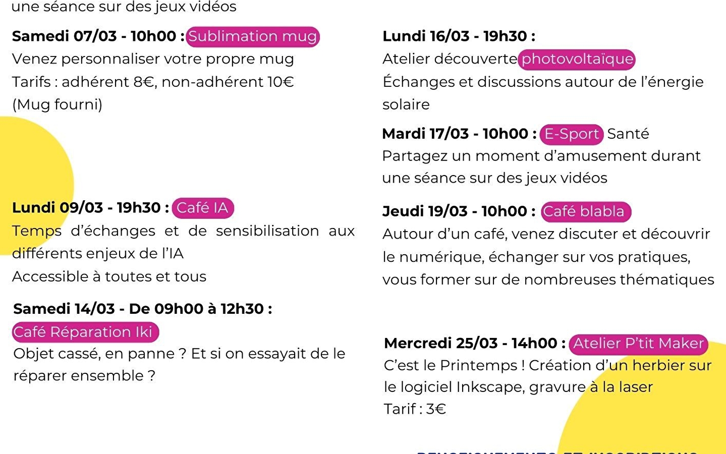 Fablab workshop schedule March 2026